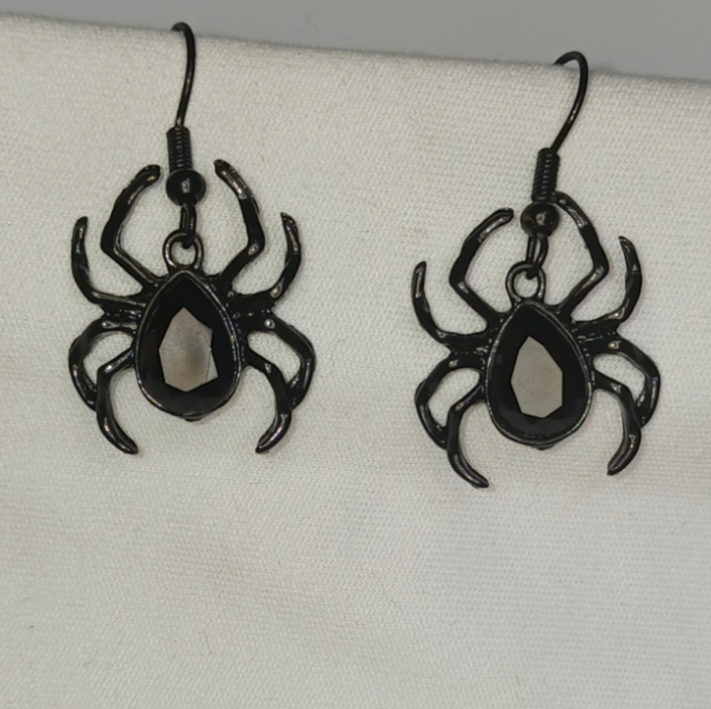 All Black Widow Spider Earrings Hooks Black Glass Rhinestone